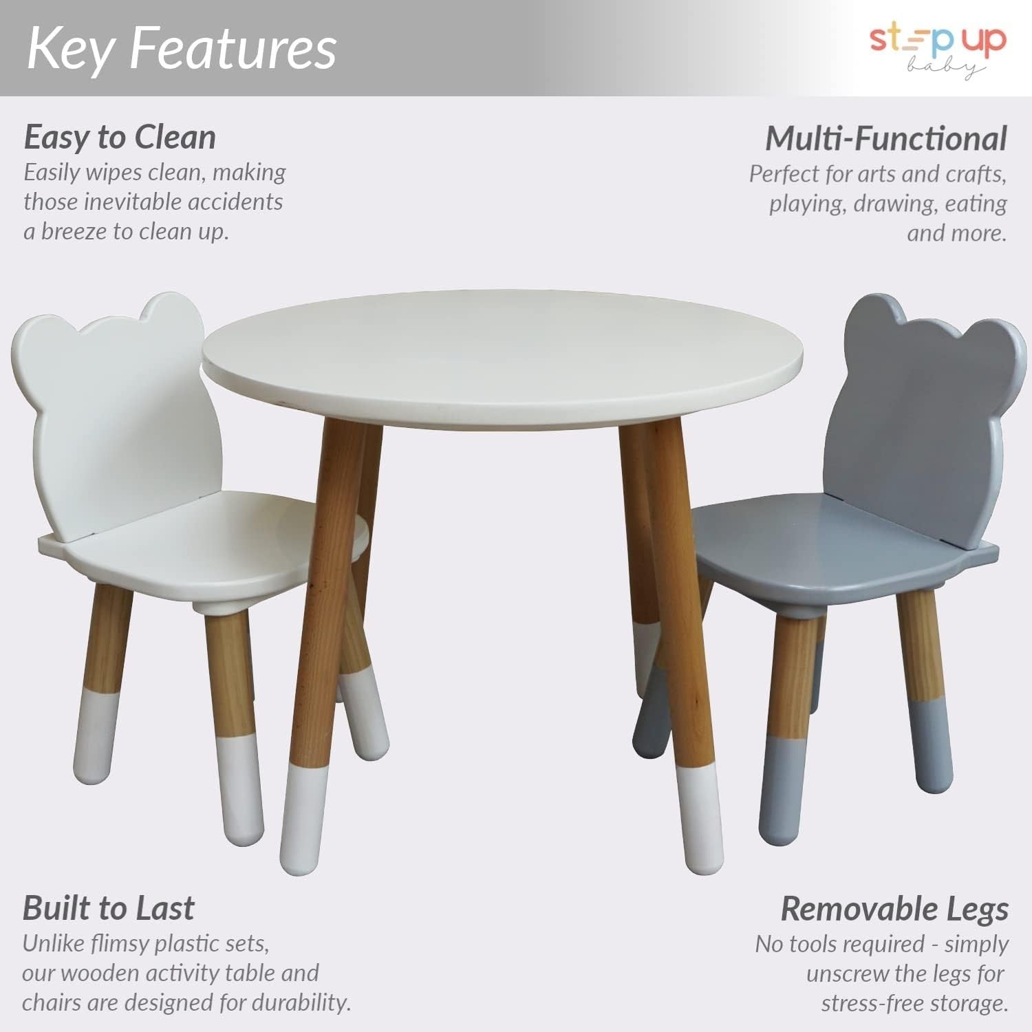 Kids Table and 2 Chairs Set Wooden Toddler Bear Shape Round Play Snack White