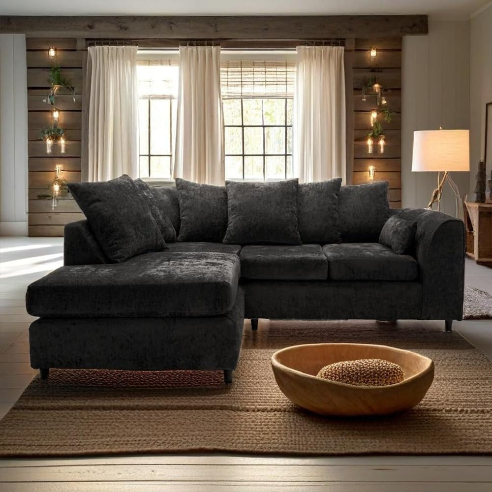 L Shaped Sofa 4 Seater Left Hand Corner Couch Black Fabric Scatter Back