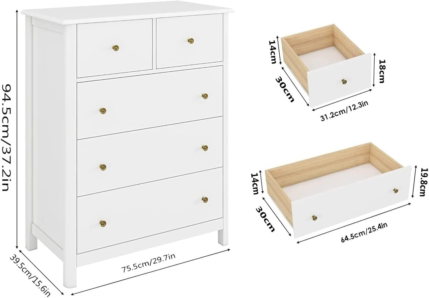 White Chest of Drawers 5 Drawer Tall Slim Storage Cabinet Bedroom Unit