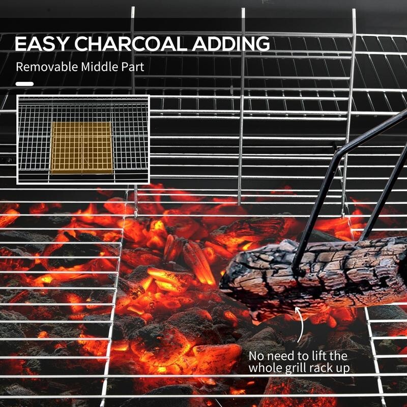 Charcoal BBQ Grill with Thermometer, Ash Catcher, Warming Rack & Wheels