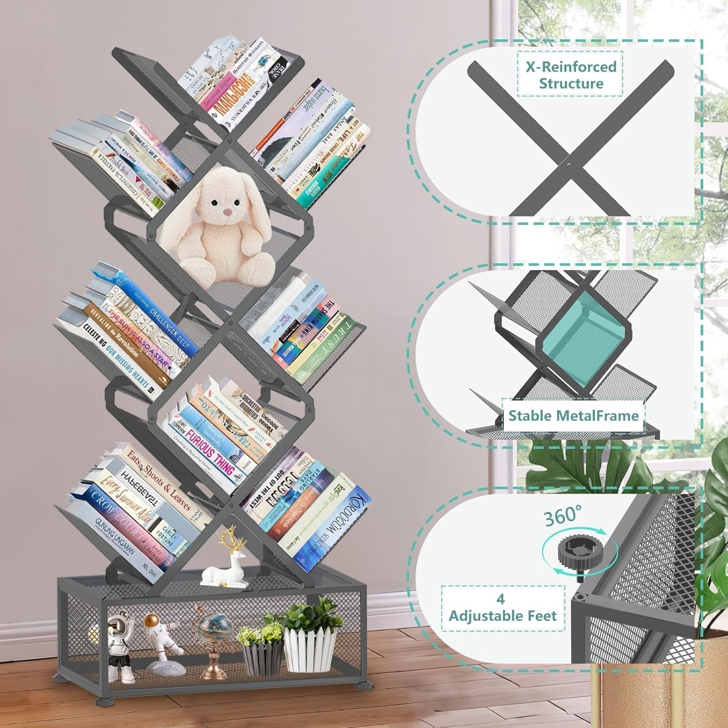 9 Tier Folding Tree Bookcase Metal Corner Bookshelf Free Standing Grey