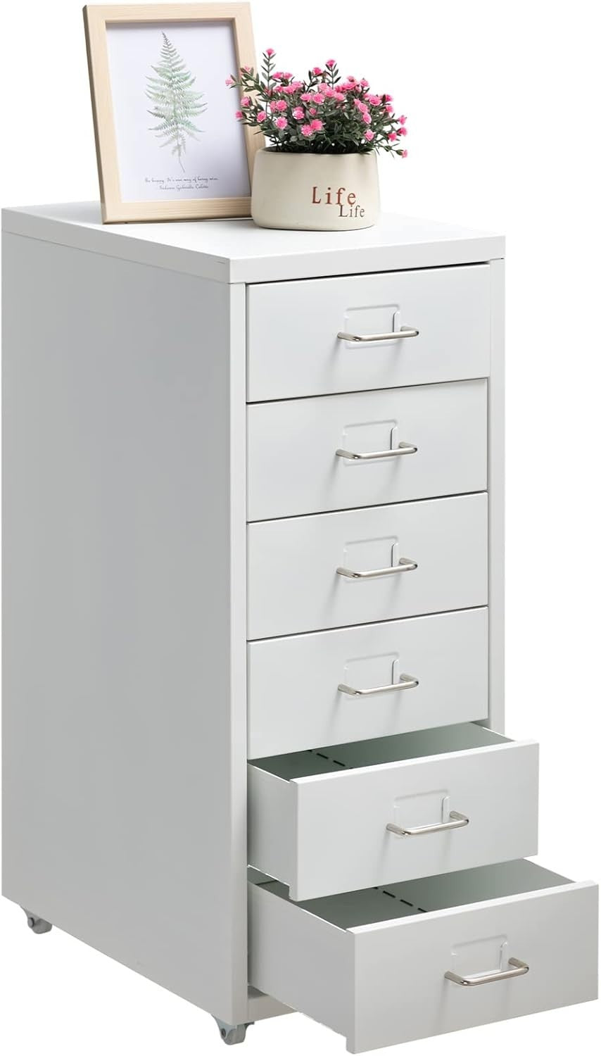 White Metal Rolling Drawer Cabinet 6 Tier Mobile Storage Organizer