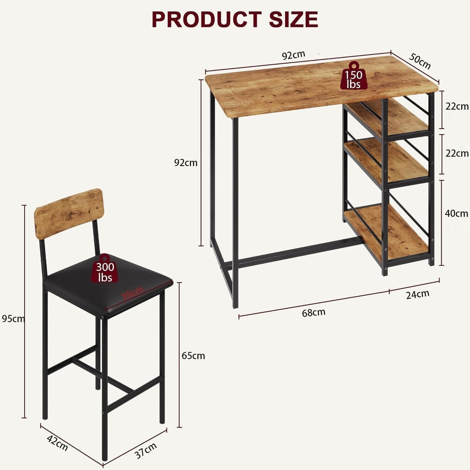 2-Seater Dining Table Set Chairs & 3-Tier Storage Shelves, Rustic Brown Bistro