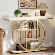 Industrial Console Table 4 Tier Shelf Narrow Entry Table w/ Circle Base
