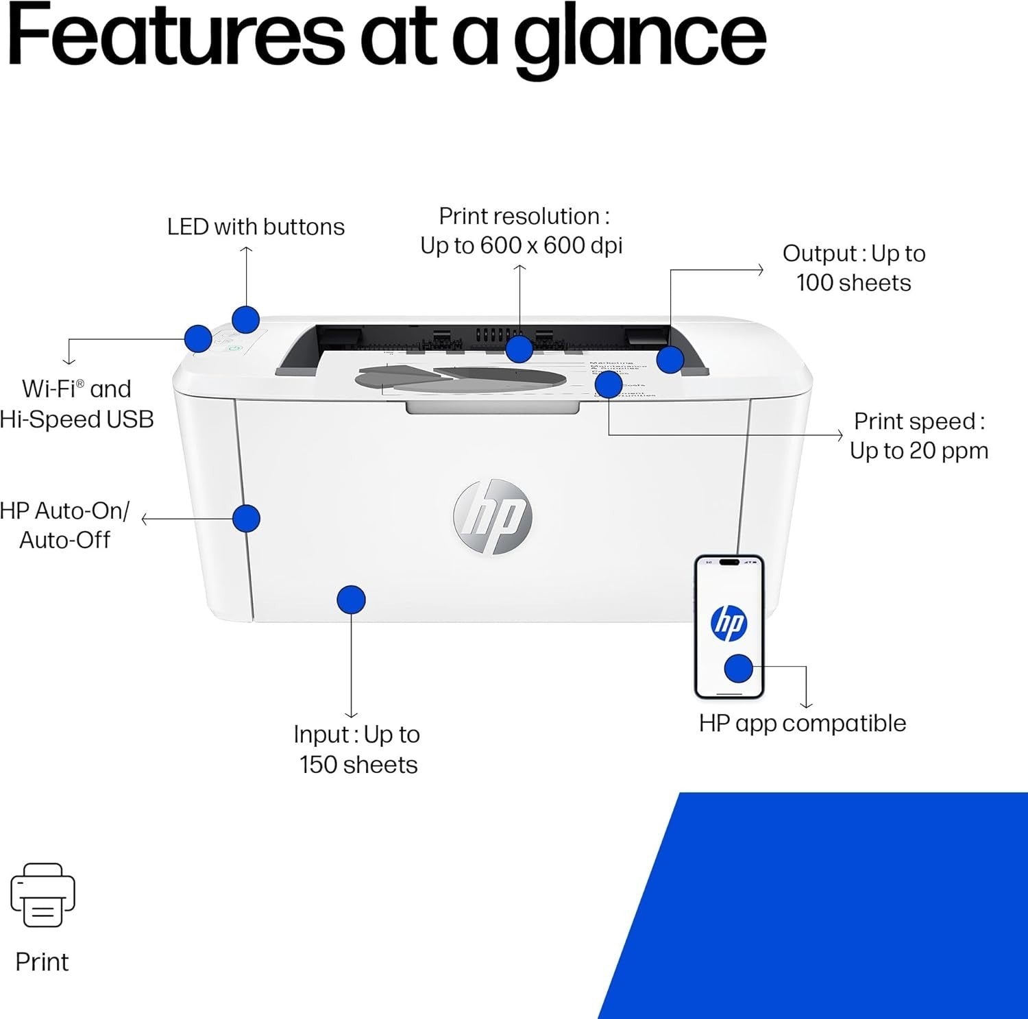 Black Mono Laser Printer A4 Wireless 20ppm Compact Small Office Home