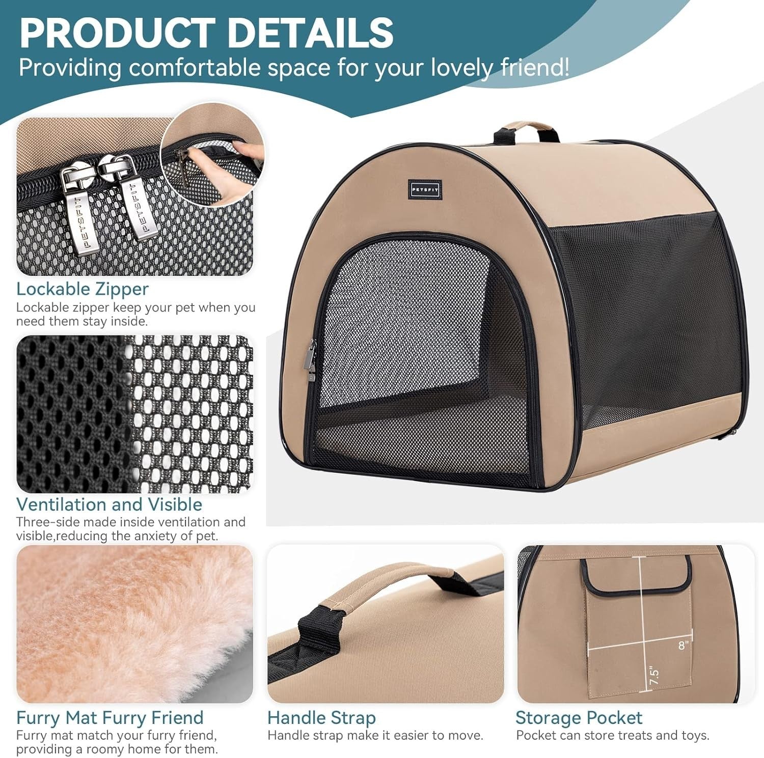 Soft Dog Crate 48x42x41cm Portable Travel Carrier Cat Kennel with Mat Khaki