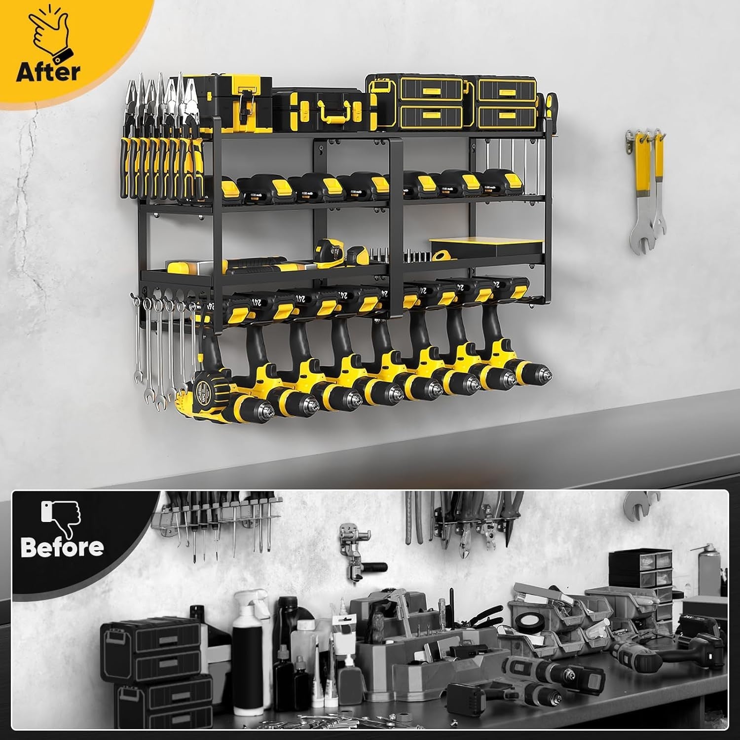 Black 4-Tier Alloy Steel Tool Wall Rack 8 Drill Holder Garage Organizer
