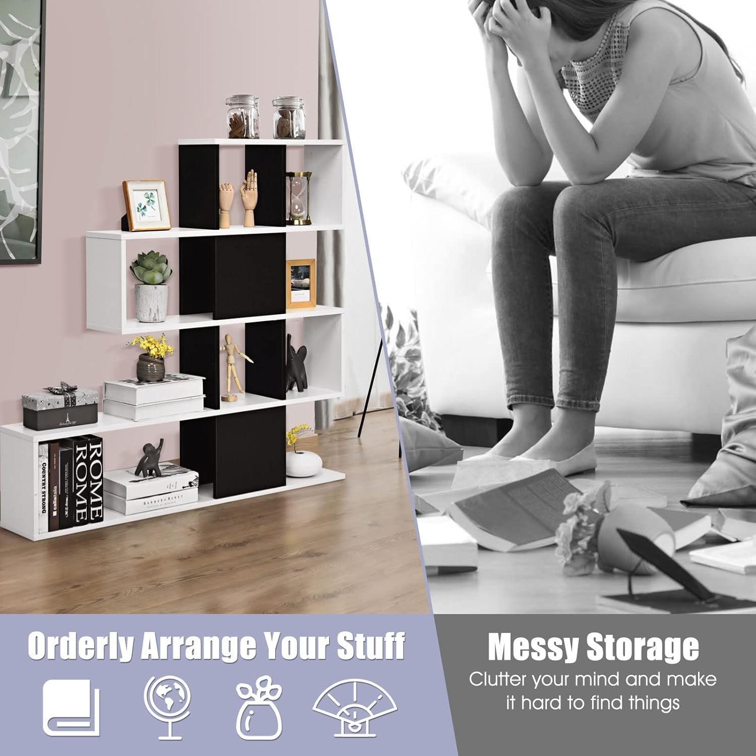 Cube Storage Bookcase, 4-Tier Wooden Display Ladder Shelf with Non-slip Foot Pad