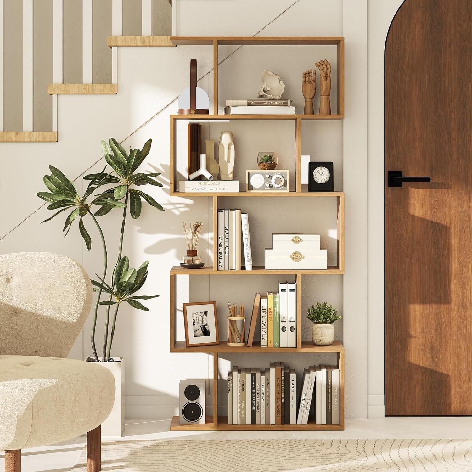 S Shaped 5 Tier Wooden Bookcase Freestanding Display Storage Shelf Natural