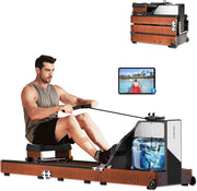 Triple-Fold Water Rowing Machine 5-Level Resistance LED App Rower 120KG Red Oak