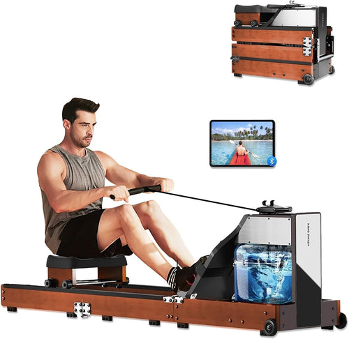 Triple-Fold Water Rowing Machine 5-Level Resistance LED App Rower 120KG Red Oak
