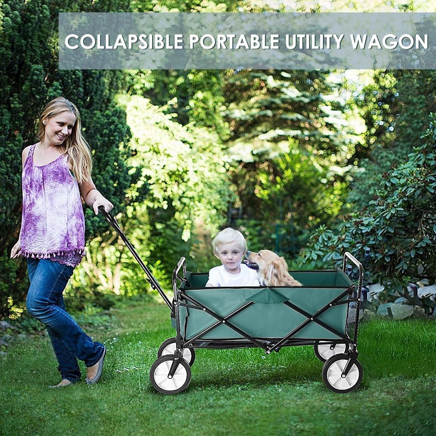Green Folding Camping Wagon Heavy Duty Collapsible Garden Beach Cart w/ Pocket