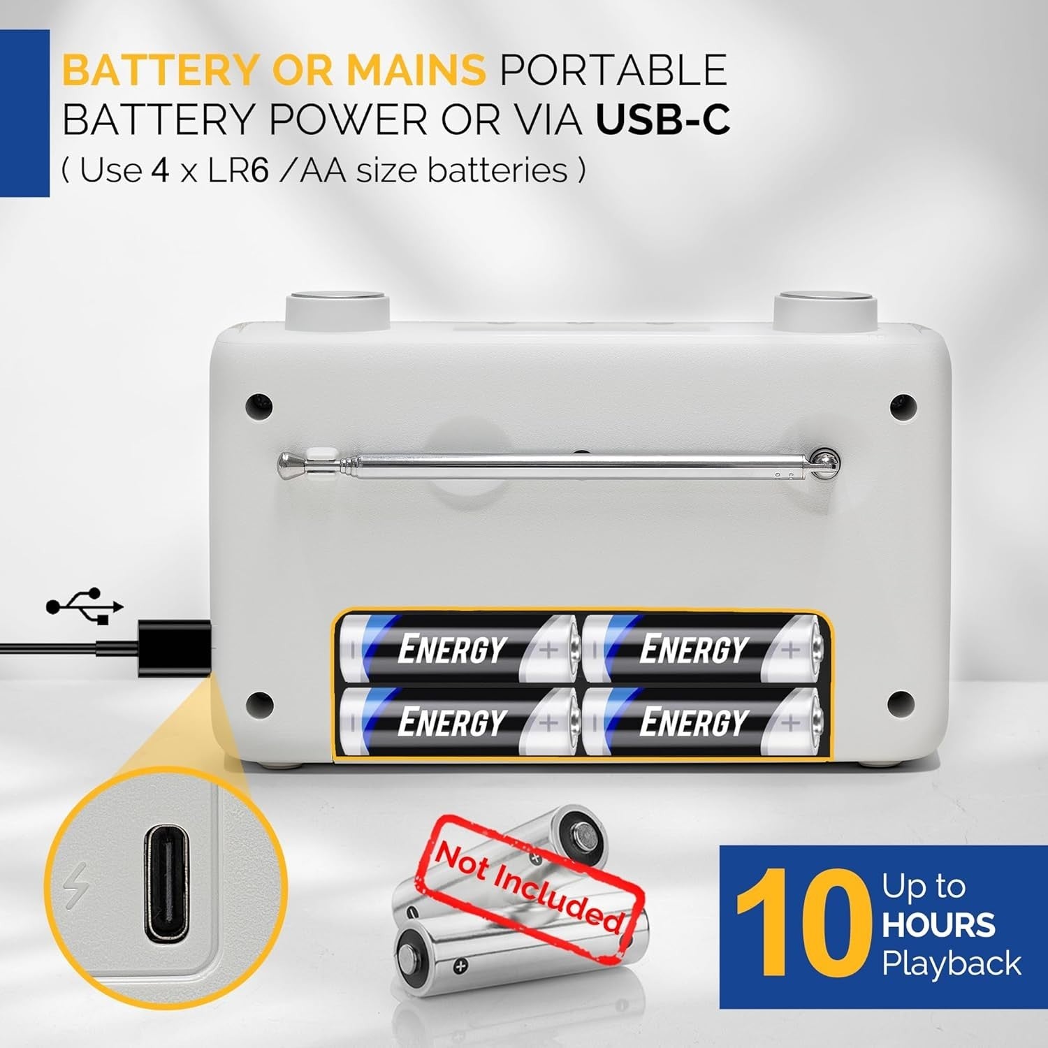 Portable DAB/FM Digital Radio Battery USB-C Compact White