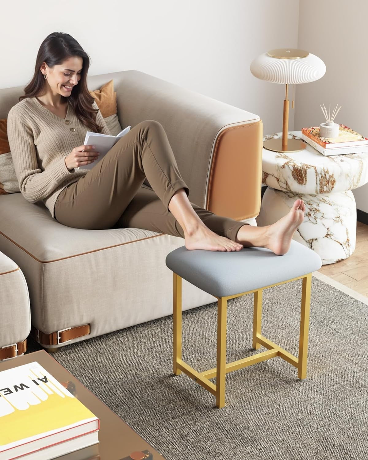 White Gold Vanity Stool Soft Padded Modern Dressing Table Seat 41x30x45cm