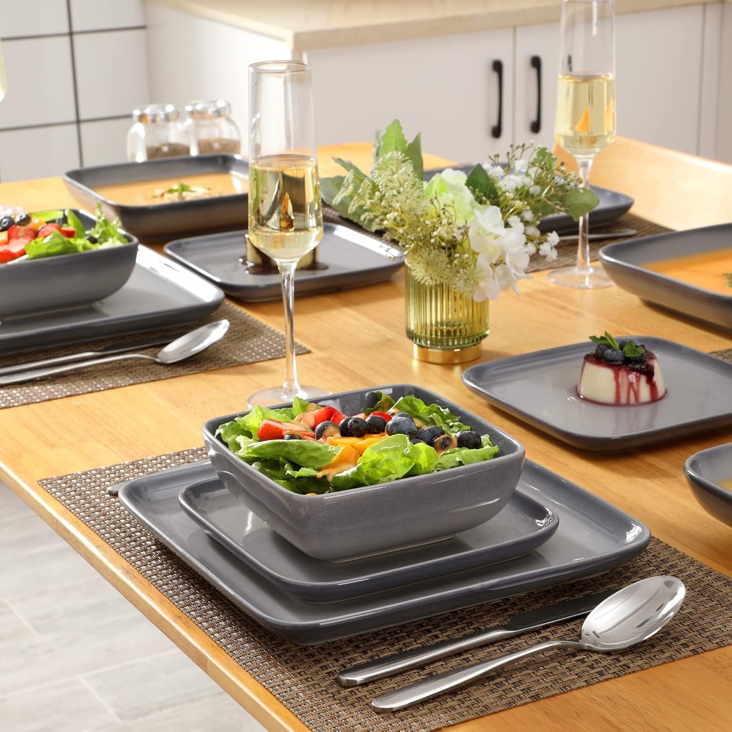 16pc Stoneware Dinner Set Square Plates Bowls Gradient Grey Modern
