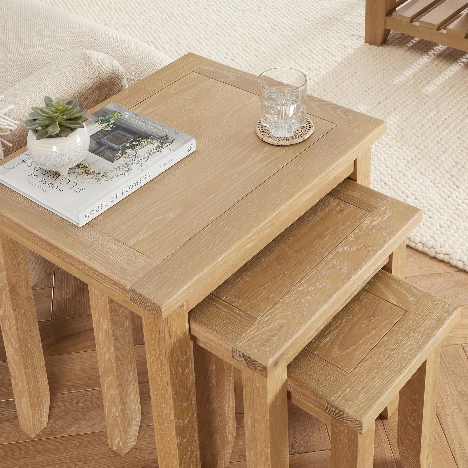 Whitewash Oak Nesting Tables Set of 3 Shaker Style Solid Wood Space Saving