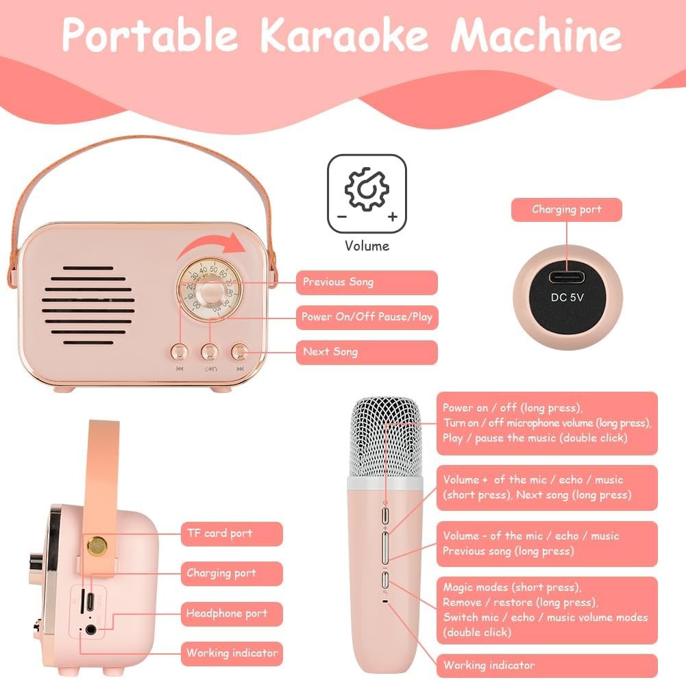 Kids Karaoke Machine 2 Wireless Mics Bluetooth Voice Changer