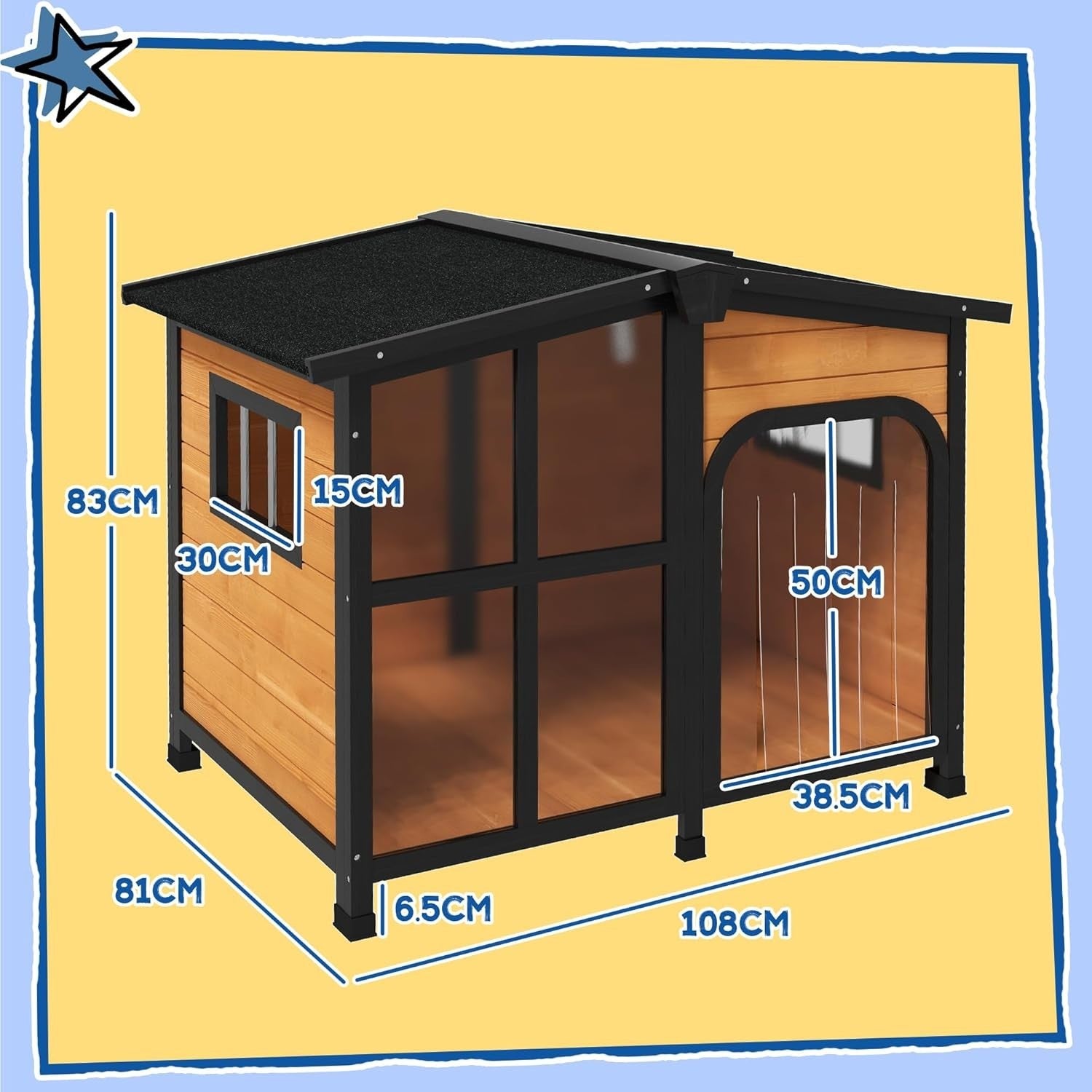 Large Wooden Outdoor Dog Kennel with Roof, Windows & Removable Floor