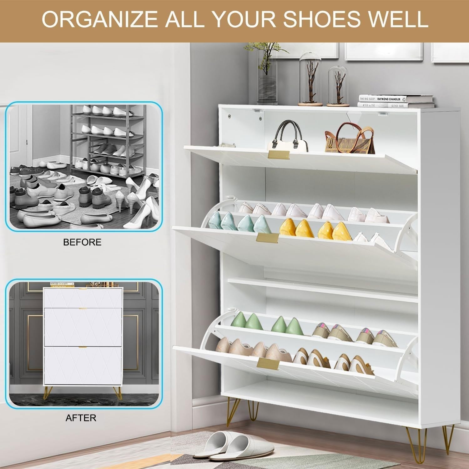 White Tilting Shoe Cabinet 3 Compartments Hidden Shelf Storage 80x24x120cm
