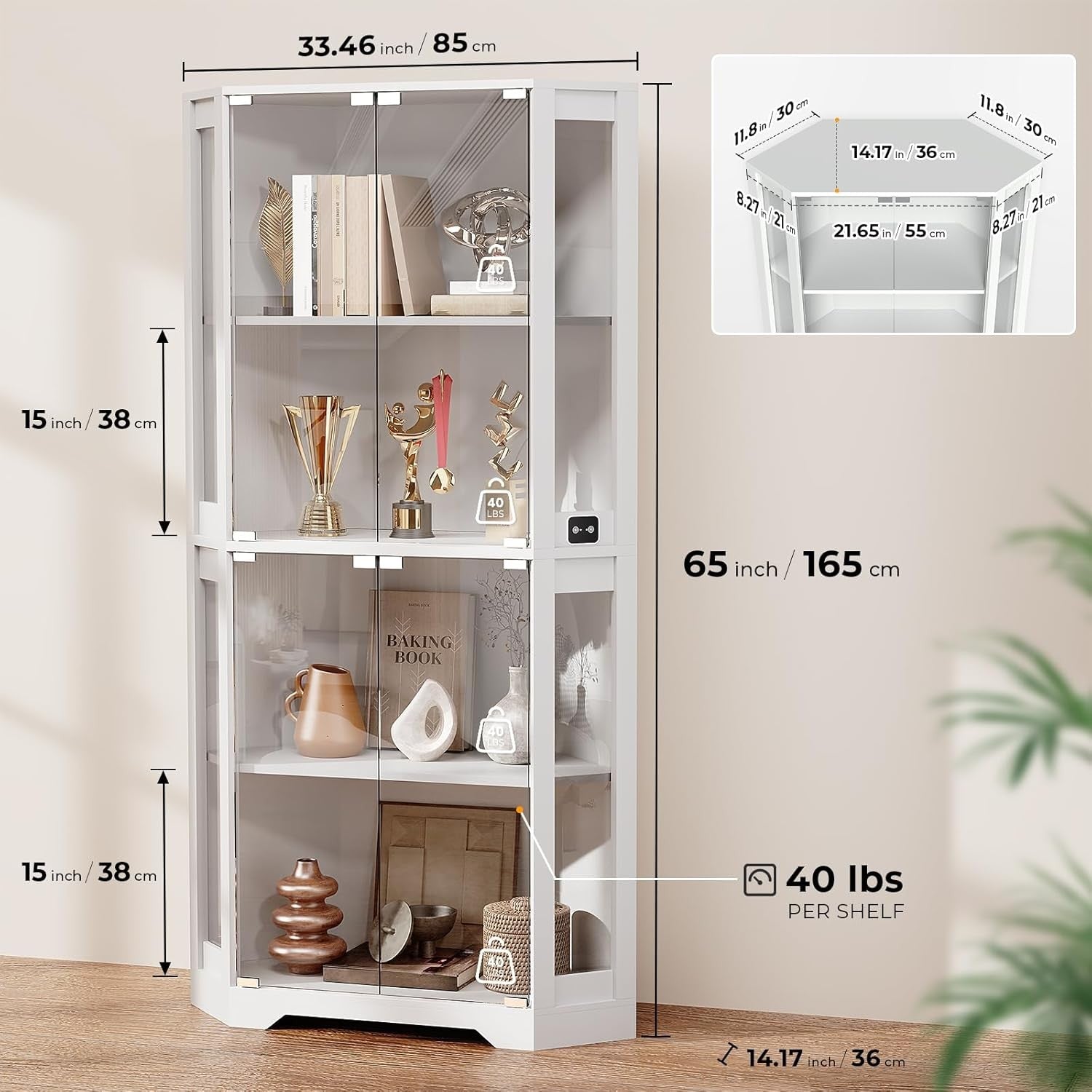 65" LED Corner Display Cabinet Glass Shelves Sensor Light Modern Storage White