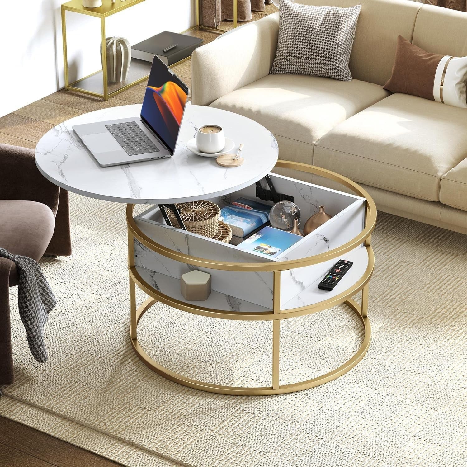 Round Lift Top Coffee Table White Gold 80x80x47cm with Hidden Storage