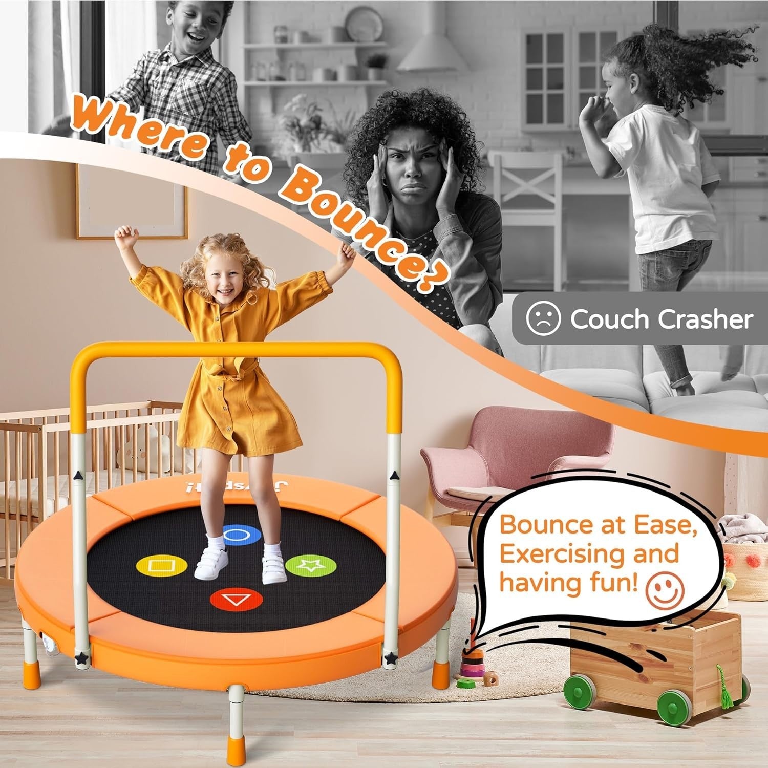 3FT Kids Trampoline Adjustable Handle Silent Indoor Rebounder Ages 1-6