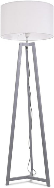 Grey Wooden Tripod Floor Lamp White Fabric Drum Shade LED Light