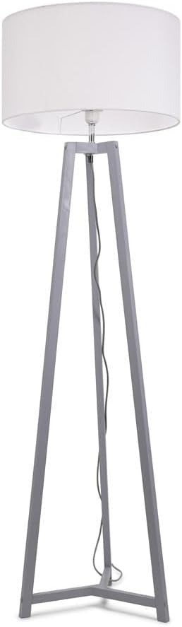Grey Wooden Tripod Floor Lamp White Fabric Drum Shade LED Light