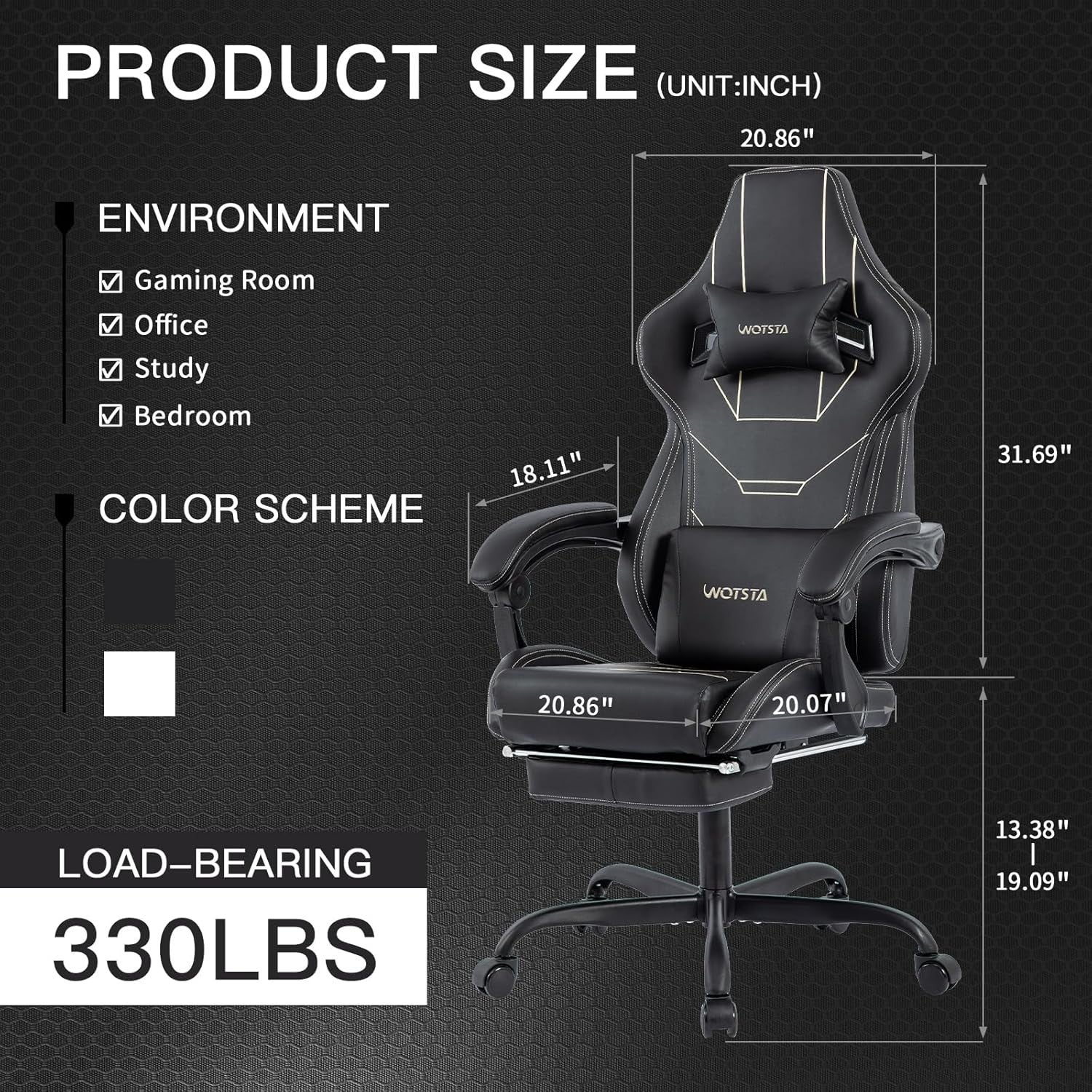 Black Ergonomic Gaming Chair Adjustable Recliner Headrest Footrest 330lbs Suppor