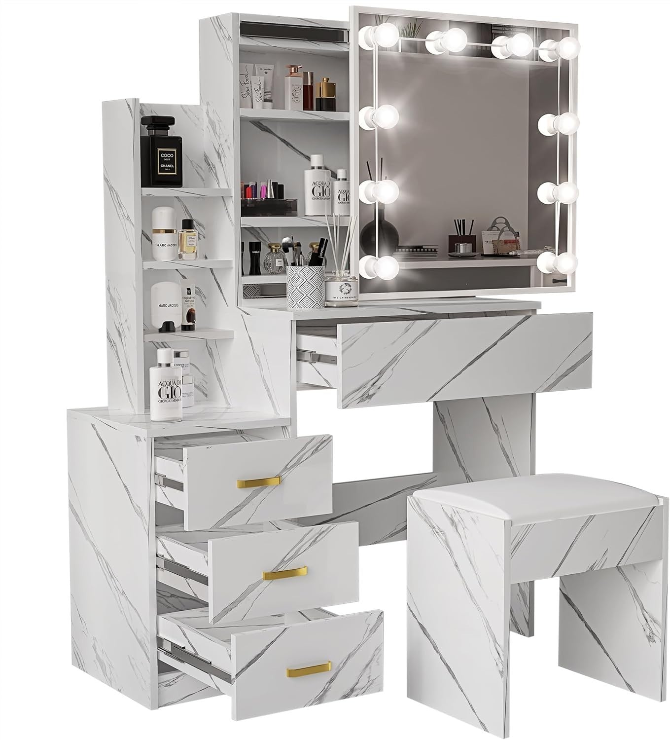 Wood Makeup Vanity Desk w/LED Light Mirror 3 Drawers Open Shelves Dressing Set