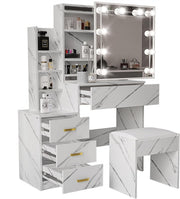 Wood Makeup Vanity Desk w/LED Light Mirror 3 Drawers Open Shelves Dressing Set