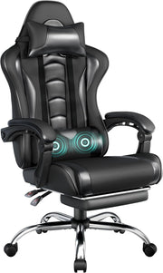Gaming Chair Recliner w/ Massage Lumbar Pillow, Footrest, Faux Leather PC Seat