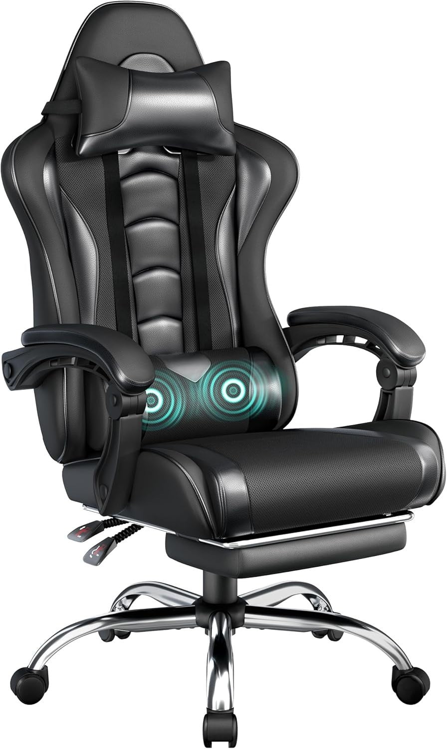 Gaming Chair Recliner w/ Massage Lumbar Pillow, Footrest, Faux Leather PC Seat