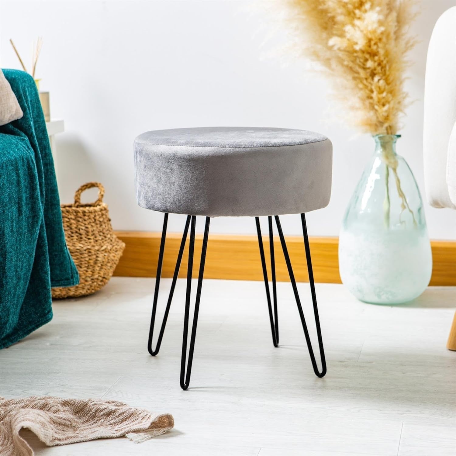 Set of 2 Grey Velvet Footstools Black Legs Modern Round Pouffe Seats