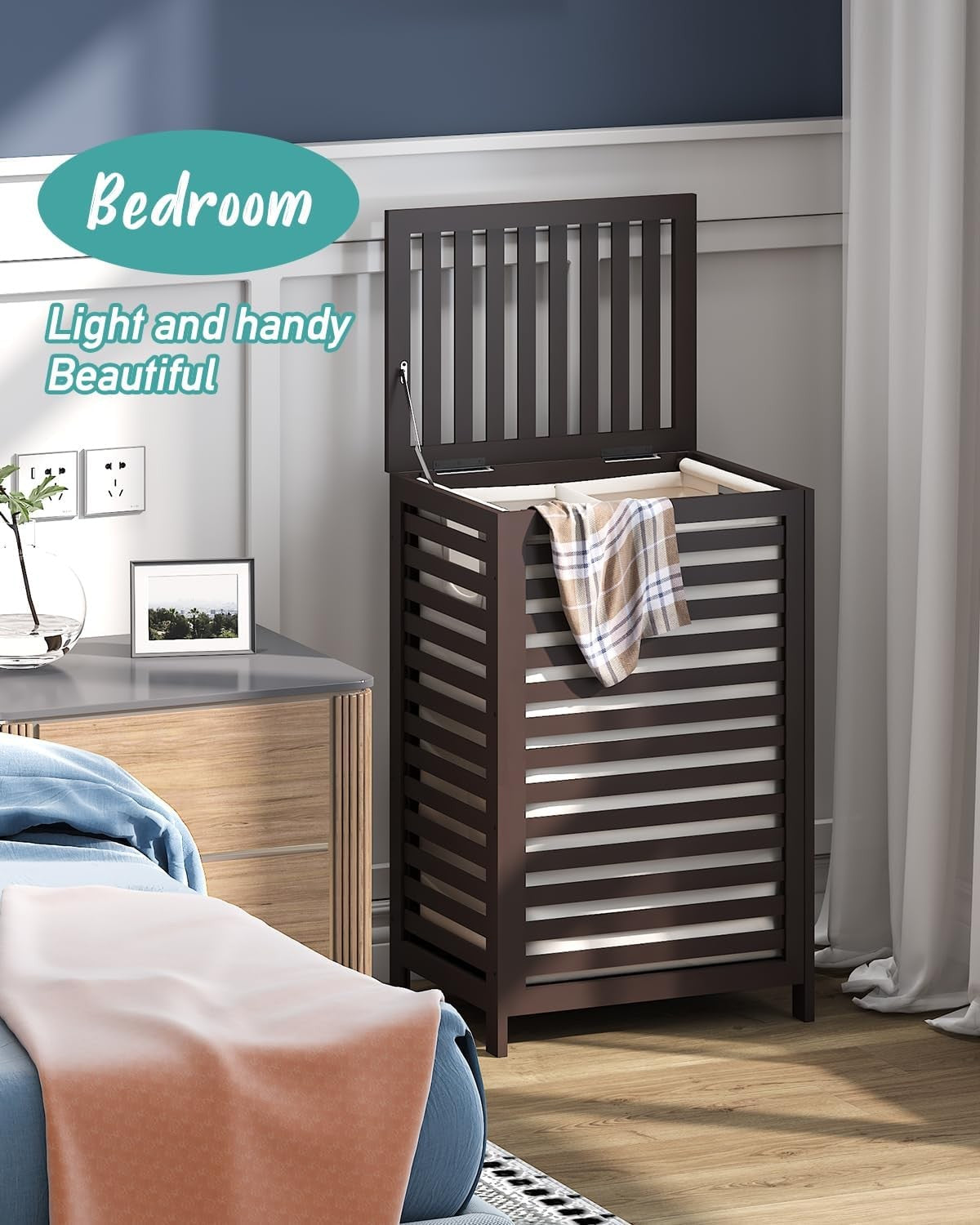 Large Bamboo Laundry Hamper with Lid & Liner | 85L Ventilated Clothes Basket Bro
