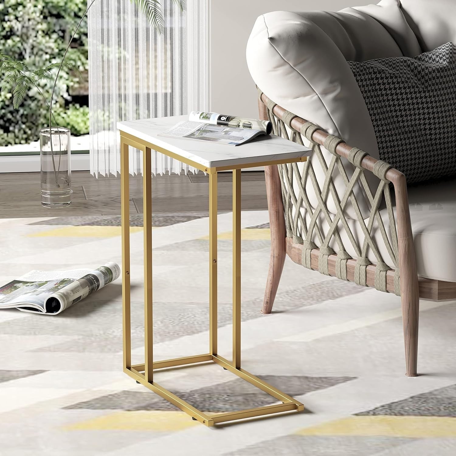 Slim C-Shaped Side Table with Marble Top, Slide Under Sofa Bed, Stylish & Sturdy
