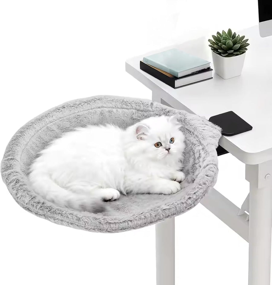 180° Rotating Cat Desk Bed Faux Fur Clamp On Cat Hammock Gray