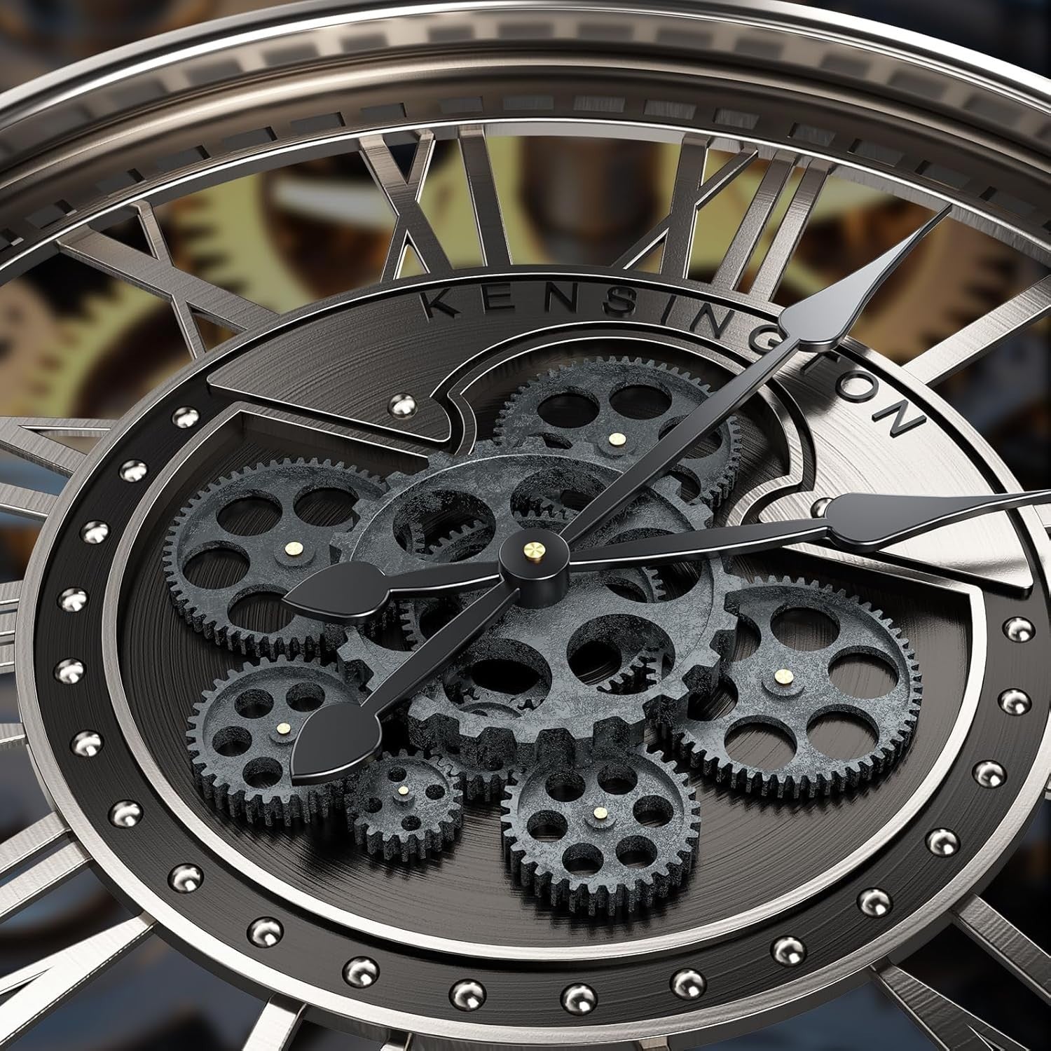 Industrial Gunmetal Moving Gear Wall Clock 21” Roman Numerals Decor