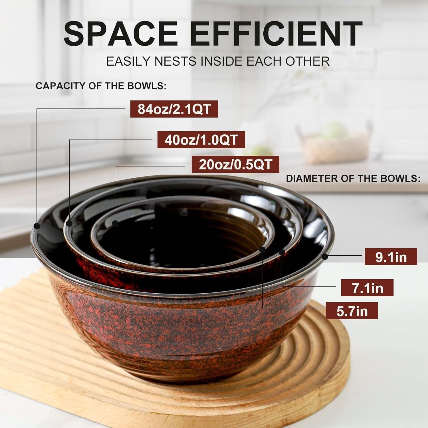 3 Pcs Red Ceramic Mixing Bowls Microwave Oven Safe Nesting Set