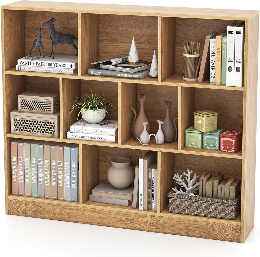 3 Tier Cube Bookcase 10 Compartment Wooden Storage Shelf Unit Natural