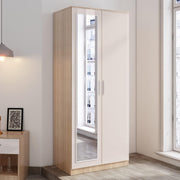 2 Door Mirrored Wardrobe with Rail & Storage High Gloss Cream Oak 180cm