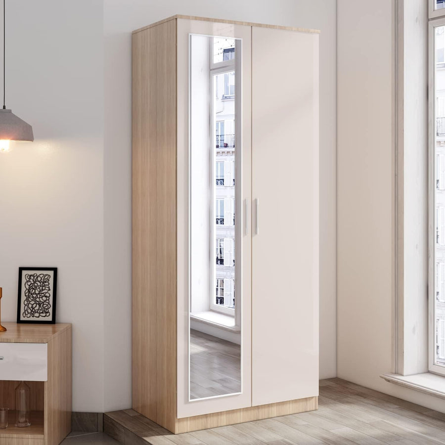 2 Door Mirrored Wardrobe with Rail & Storage High Gloss Cream Oak 180cm