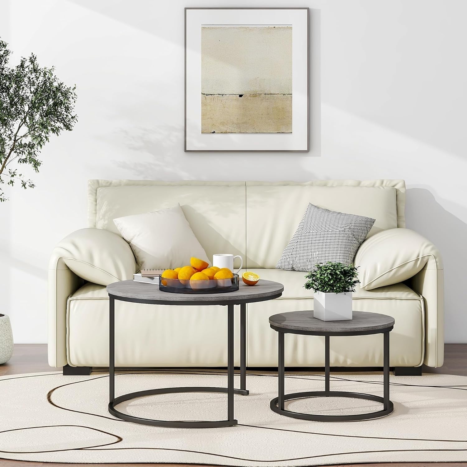 Round Nesting Coffee Table Set of 2 Modern Space-Saving Side Tables with Storage