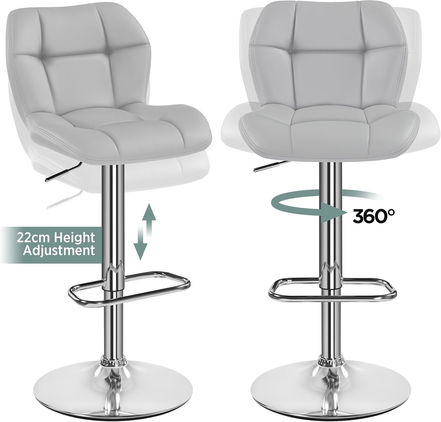 Adjustable Swivel Bar Stools Set of 2 Light Grey PU Counter Chairs