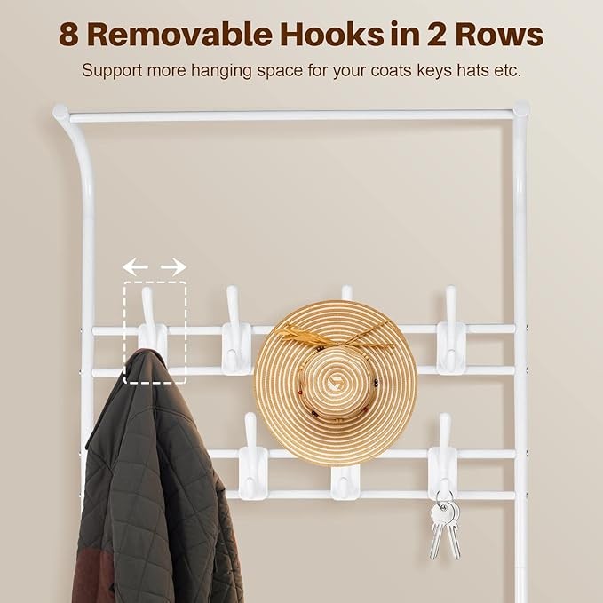 Freestanding Coat Rack with Shoe Shelf & 16 Hooks | White Metal Hall Tree