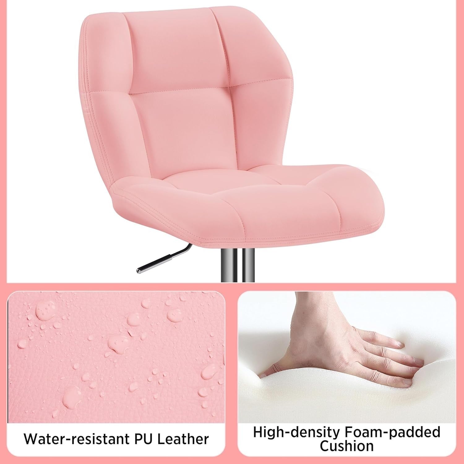 Adjustable Pink PU Leather Bar Stools Set of 4 – Swivel Counter Chairs