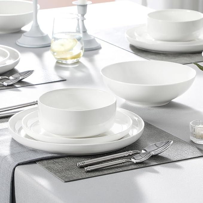 24 Piece White Dinner Set Plates Bowls Porcelain Service for 6 Chip Resistant