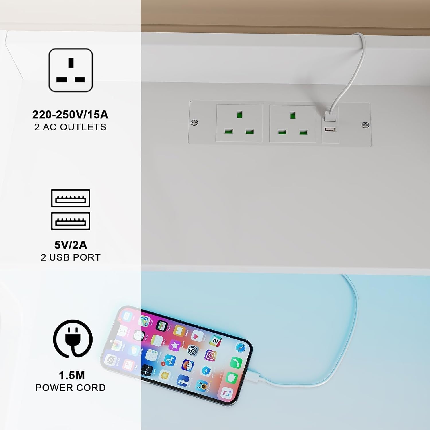 White LED Bedside Table with Power Socket, RGB Lights & 3 Drawers