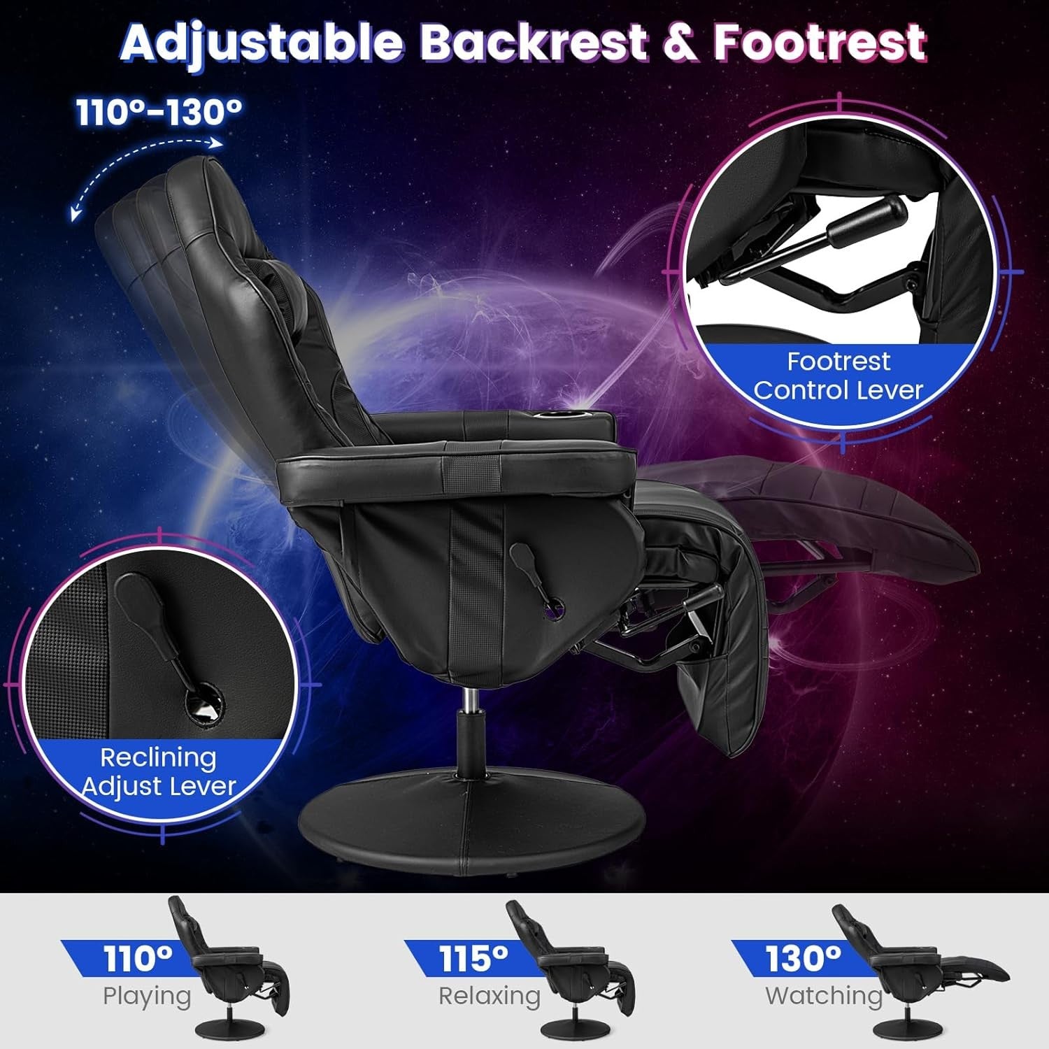 Massage Gaming Chair Recliner w/ Footrest & Cup Holder Black