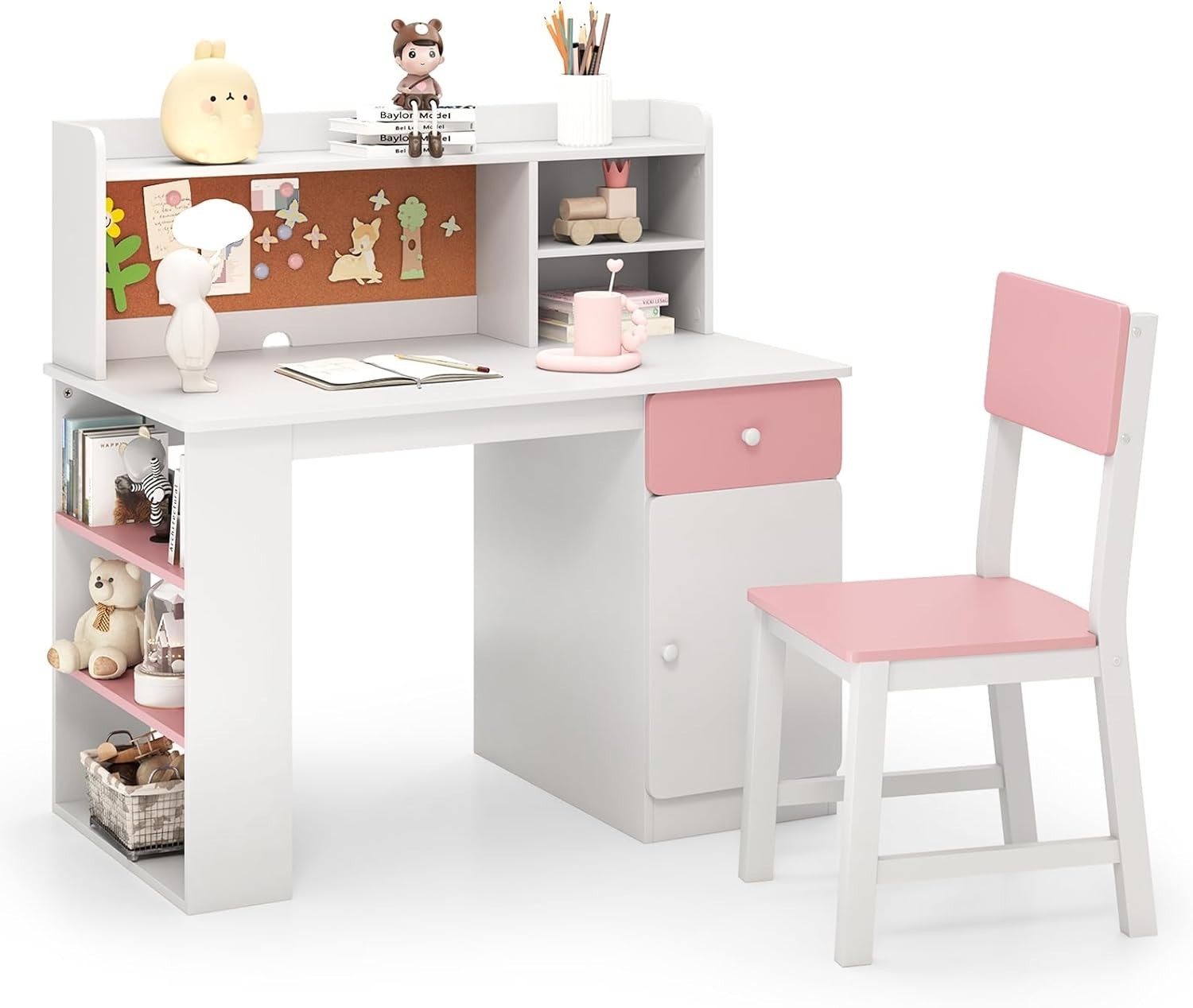 Kids Study Desk & Chair Set Pink White – Storage Shelves, Drawer, Cork Board